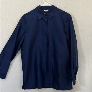 Talbots Navy Blue 100% Pure Raw Silk Knot Button Down Blouse